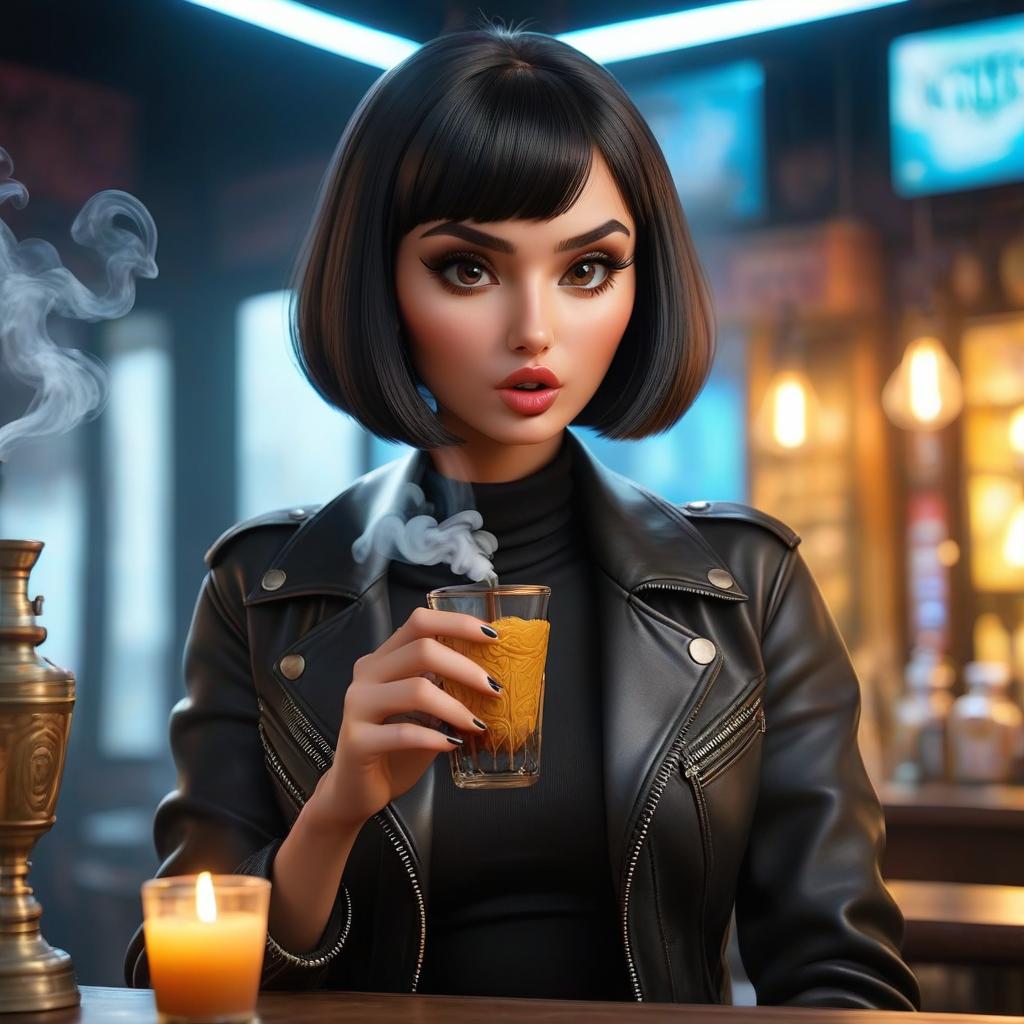  A girl with dark hair, a bowl cut, wearing a black turtleneck and denim shorts in a black leather jacket, a girl smokes a hookah. Replace the glass in her hands with a hookah pipe, hookah tube, cafe, smoke. hyperrealistic, full body, detailed clothing, highly detailed, cinematic lighting, stunningly beautiful, intricate, sharp focus, f/1. 8, 85mm, (centered image composition), (professionally color graded), ((bright soft diffused light)), volumetric fog, trending on instagram, trending on tumblr, HDR 4K, 8K