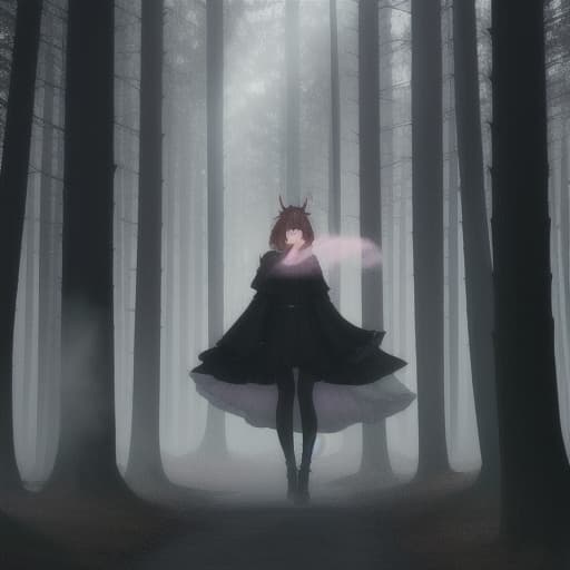  a cartoon spooky forest with large dark black figures floating and a small cartoon running out of it, who is scared and has a medal in her hand and is dressed in pink with brown hair blowing in the wind hyperrealistic, full body, detailed clothing, highly detailed, cinematic lighting, stunningly beautiful, intricate, sharp focus, f/1. 8, 85mm, (centered image composition), (professionally color graded), ((bright soft diffused light)), volumetric fog, trending on instagram, trending on tumblr, HDR 4K, 8K