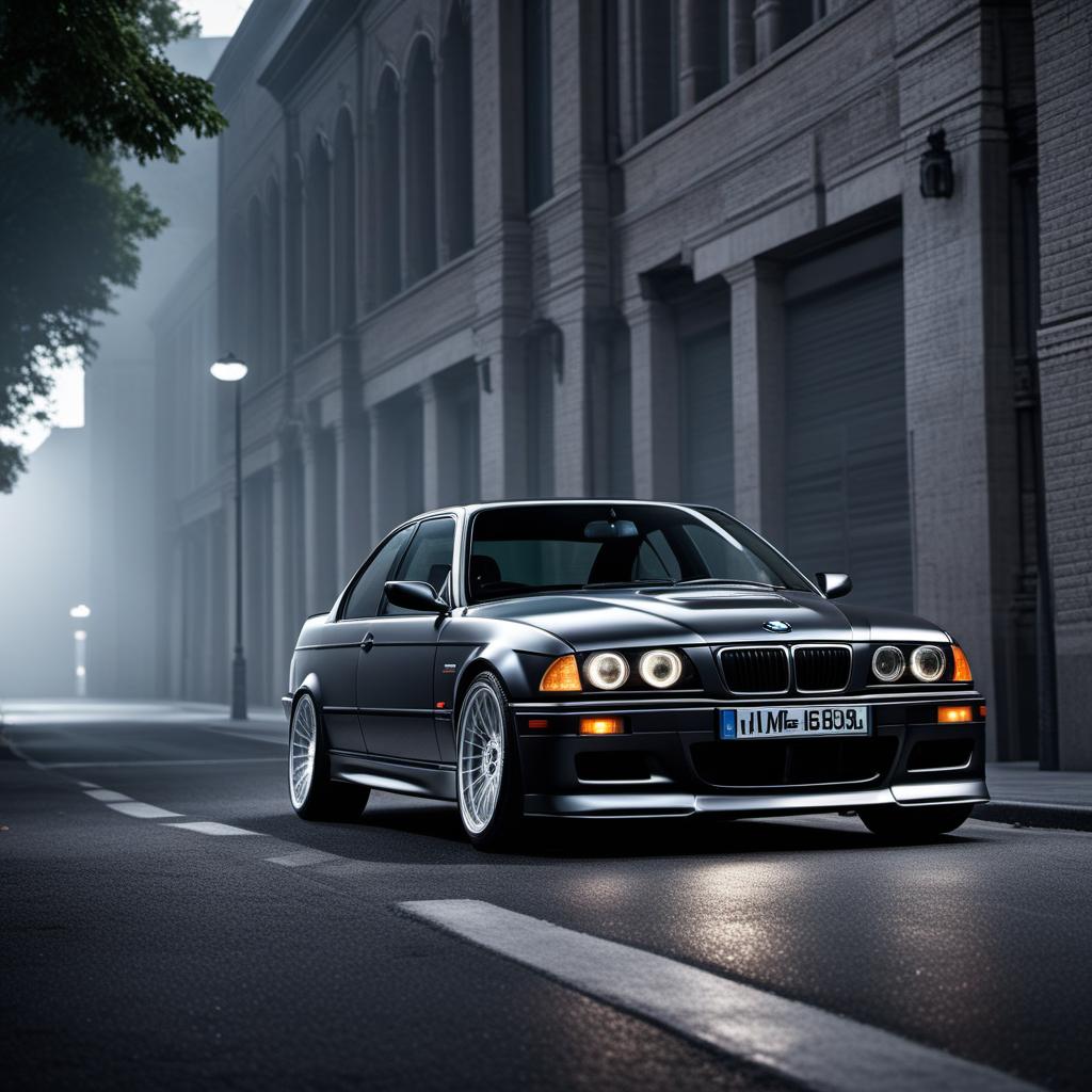  1995 BMW E36 M3 Saloon, black color. Emphasize the sleek design, sporty aesthetics, detailed headlights, signature kidney grille, and sporty alloy wheels. Place the car on a clean street background with good lighting to highlight its features. hyperrealistic, full body, detailed clothing, highly detailed, cinematic lighting, stunningly beautiful, intricate, sharp focus, f/1. 8, 85mm, (centered image composition), (professionally color graded), ((bright soft diffused light)), volumetric fog, trending on instagram, trending on tumblr, HDR 4K, 8K