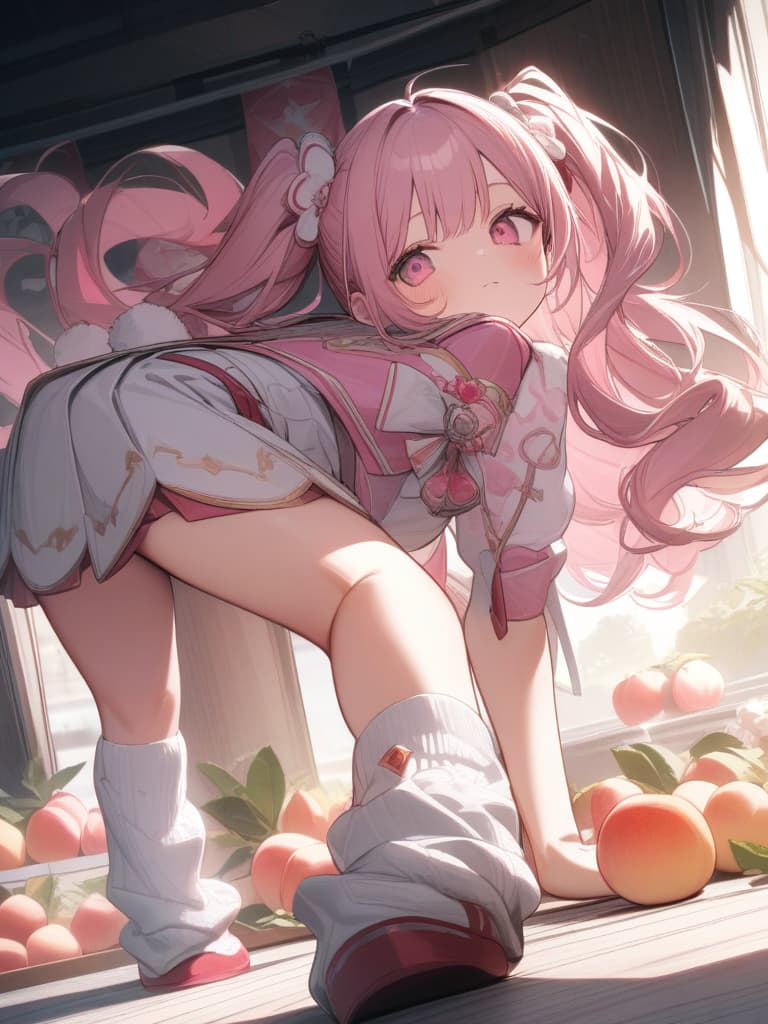  Cute, , thin body, fluffy hair, fluffy long hair, twin tails, pink hair color, pink eyes, big s, gans, uniforms, loose socks, mini s, sauce, peach decoration, peach decoration., masterpiece, best quality,8k,ultra detailed,high resolution,an extremely delicate and beautiful,hyper detail