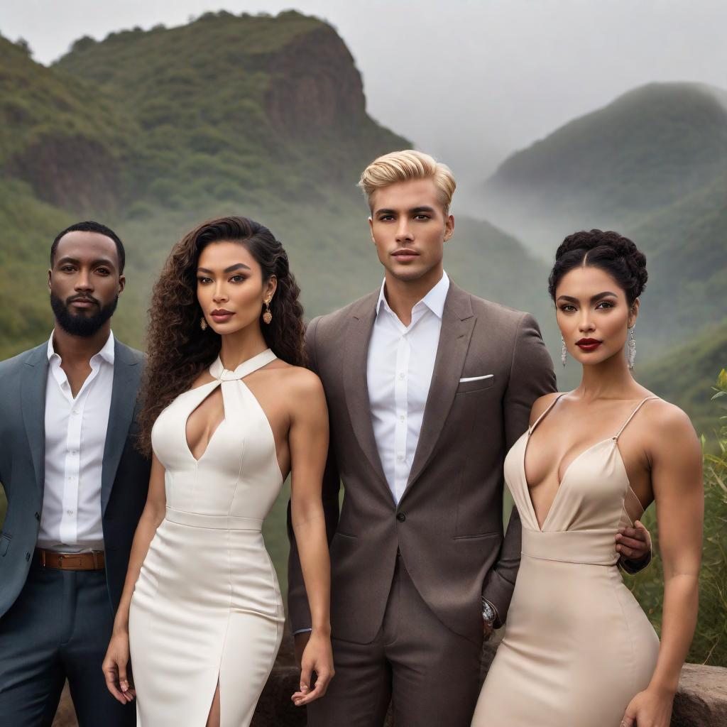  Four diverse individuals standing together in classic dress style: 1. A Chinese mixed-race woman with very short, curly dark brown hair, wearing a classic, elegant dress. 2. A young African and Middle Eastern man with cropped black hair and medium brown skin, dressed in a tailored suit. 3. A South Asian and Latino woman with curly white hair, wearing a stylish vintage dress. 4. An Indigenous and European man with wavy blond hair tied back, dressed in a classic, sophisticated outfit. hyperrealistic, full body, detailed clothing, highly detailed, cinematic lighting, stunningly beautiful, intricate, sharp focus, f/1. 8, 85mm, (centered image composition), (professionally color graded), ((bright soft diffused light)), volumetric fog, trending on instagram, trending on tumblr, HDR 4K, 8K