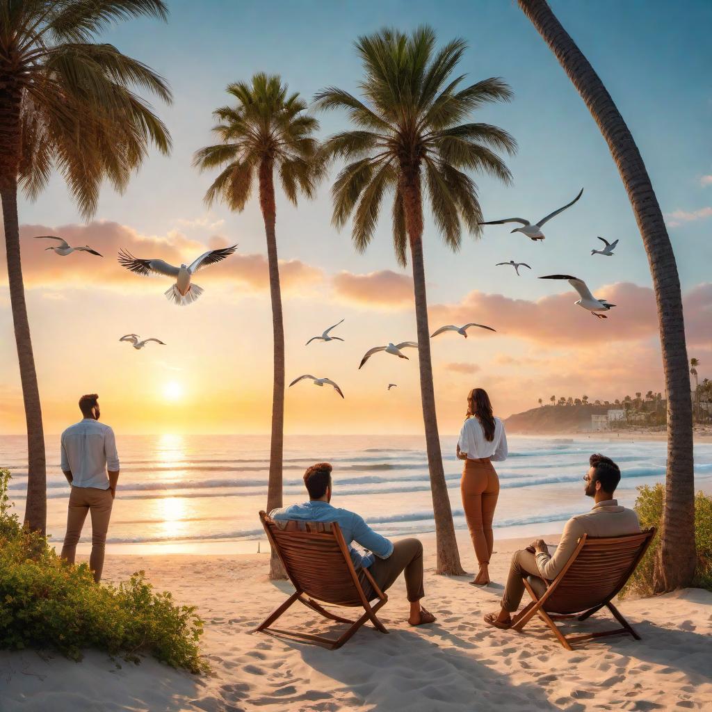  A colorful and cheerful illustration of a group of friends watching a beautiful sunset on the beach, with palm trees swaying in the background and seagulls flying in the sky. The friends are smiling and enjoying the moment, capturing a memorable experience together. hyperrealistic, full body, detailed clothing, highly detailed, cinematic lighting, stunningly beautiful, intricate, sharp focus, f/1. 8, 85mm, (centered image composition), (professionally color graded), ((bright soft diffused light)), volumetric fog, trending on instagram, trending on tumblr, HDR 4K, 8K