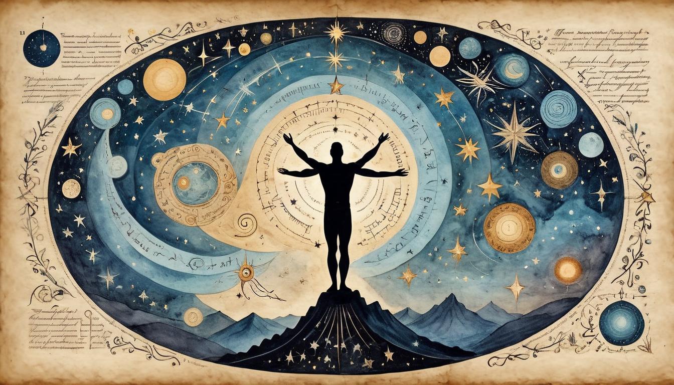  on parchment, surrealism+++, cosmic alignment, stars forming patterns, figure with arms raised towards the heavens, swirling energies connecting figure to cosmos, celestial, divine(mysterious, provocative, symbolic,muted color)+++