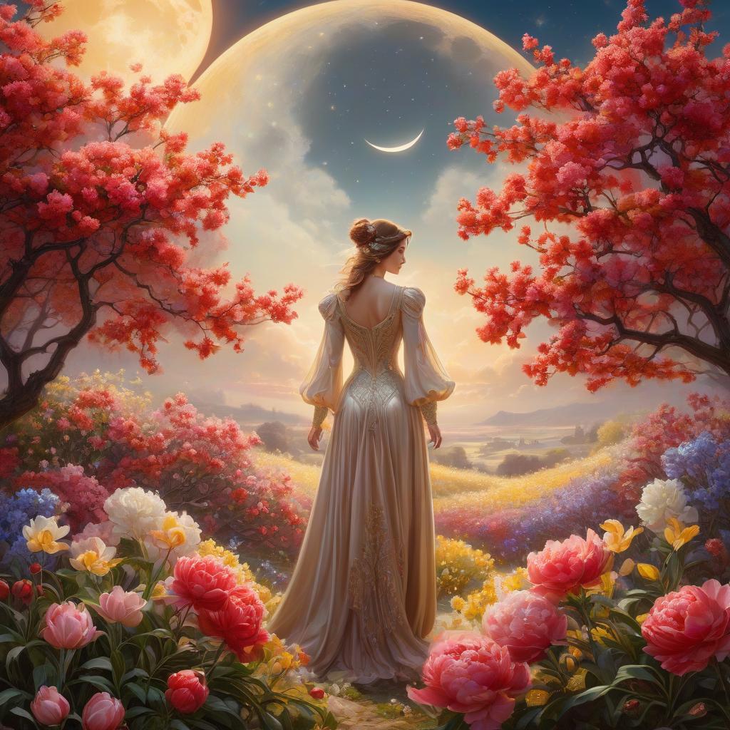  Moon in light. A masterpiece. Bird. Nightingale. Background: surrealistically abstract. Сanary. Flying saucer. (Sparkling rim)): spring field, hyacinths, roses, rosehips, rose hips, peonies, cherry tree, yellow, red. Surrealist abstractionism. Honoré Fargonard, Alfonso Mucha hyperrealistic, full body, detailed clothing, highly detailed, cinematic lighting, stunningly beautiful, intricate, sharp focus, f/1. 8, 85mm, (centered image composition), (professionally color graded), ((bright soft diffused light)), volumetric fog, trending on instagram, trending on tumblr, HDR 4K, 8K