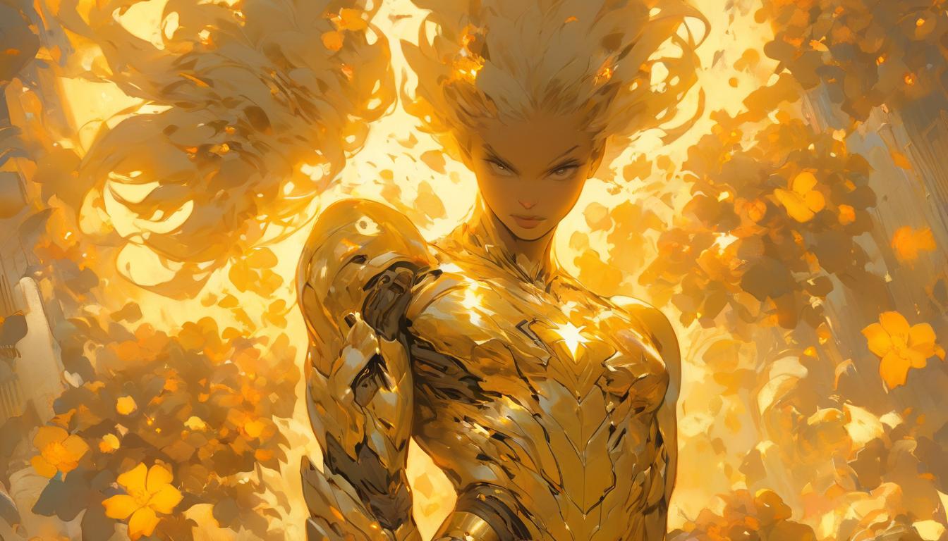  hyperrealism,fantasy aesthetic1woman, large busted attractive arian female humanoid, holding hands with a , surrounded by a golden aura, blooming flowers, sense of connection and kindness, high tech clothing clad in sleek, futuristic costume with metallic accents and form fitting designs, marvel superhero comics style, unreal engine rendering