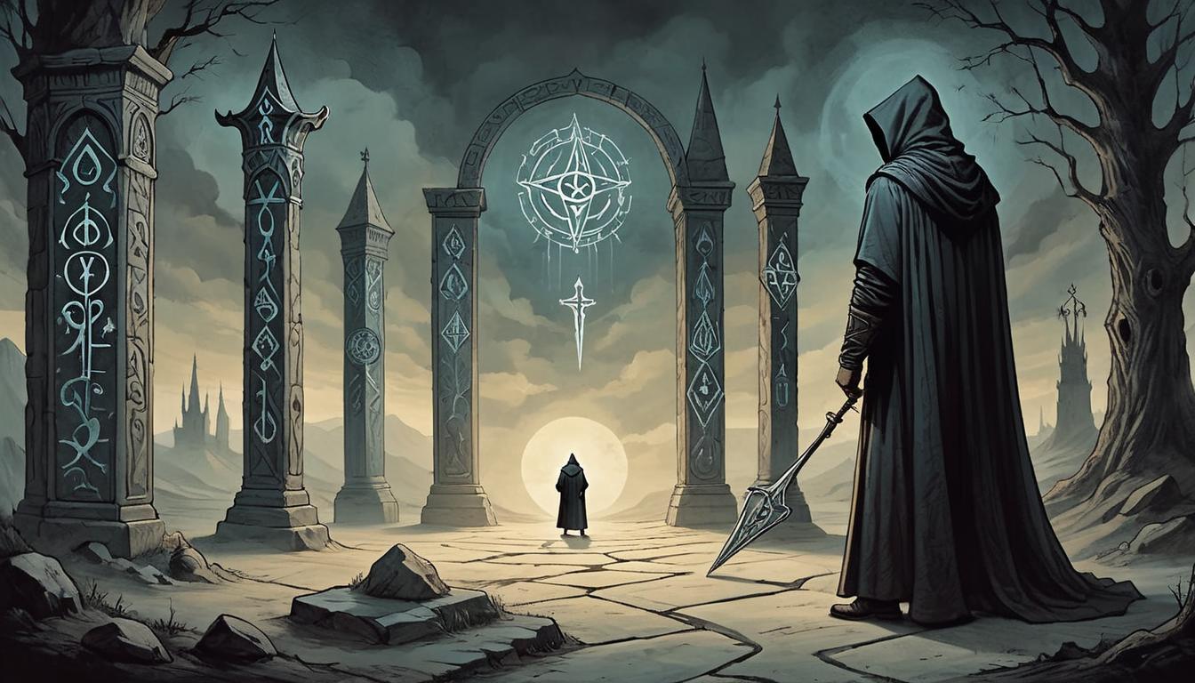  on parchment, surrealism+++, A hooded figure standing before a barrier of light, symbols and runes on the barrier, dark landscape surrounding, protective, setting boundaries, mystical(mysterious, provocative, symbolic,muted color)+++