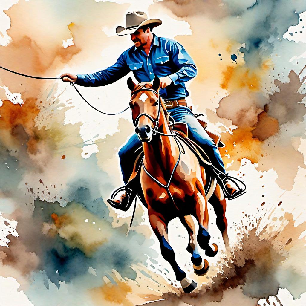  Create a watercolor painting of a man ridding a bucking horse at a rodeo. The background features soft, watercolor style splashes in earthy tones, giving the image an artistic and dreamy feel. Ensure the overall image has a delicate watercolor effect.