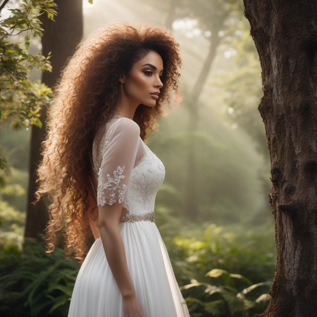  A girl with long curly chestnut hair is standing in profile in a white dress next to a tree trunk. hyperrealistic, full body, detailed clothing, highly detailed, cinematic lighting, stunningly beautiful, intricate, sharp focus, f/1. 8, 85mm, (centered image composition), (professionally color graded), ((bright soft diffused light)), volumetric fog, trending on instagram, trending on tumblr, HDR 4K, 8K