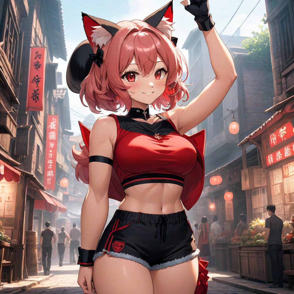  anime artwork A nine yea , beautiful face, shy, wearing a and black red top, perfect body shape, large hips and s, black red shorts, cat ears, smiling, raising one arm, muscular hands. . anime style, key visual, vint, studio anime, highly detailed hyperrealistic, full body, detailed clothing, highly detailed, cinematic lighting, stunningly beautiful, intricate, sharp focus, f/1. 8, 85mm, (centered image composition), (professionally color graded), ((bright soft diffused light)), volumetric fog, trending on instagram, trending on tumblr, HDR 4K, 8K