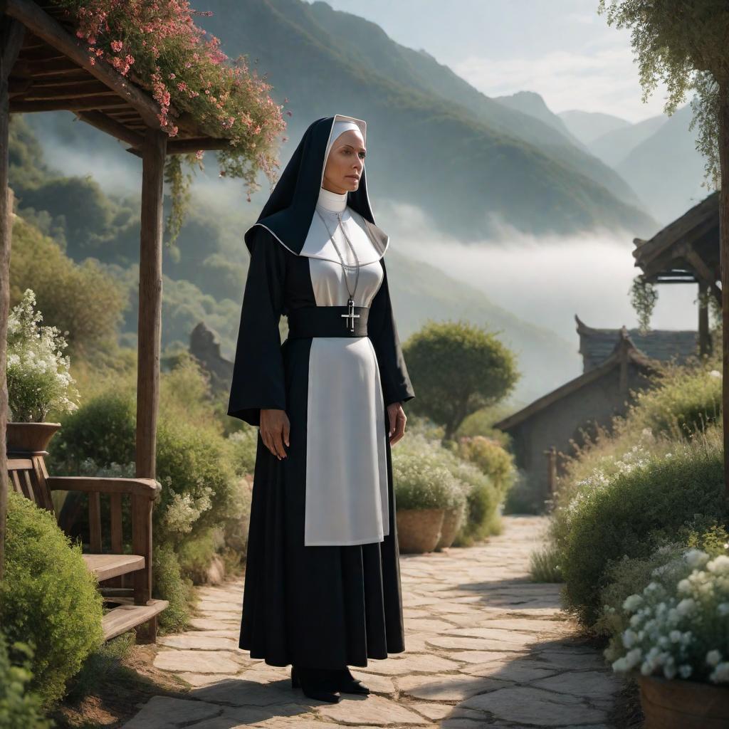  A concept art of a nun, depicting a nun with a bump in a peaceful and serene setting. hyperrealistic, full body, detailed clothing, highly detailed, cinematic lighting, stunningly beautiful, intricate, sharp focus, f/1. 8, 85mm, (centered image composition), (professionally color graded), ((bright soft diffused light)), volumetric fog, trending on instagram, trending on tumblr, HDR 4K, 8K