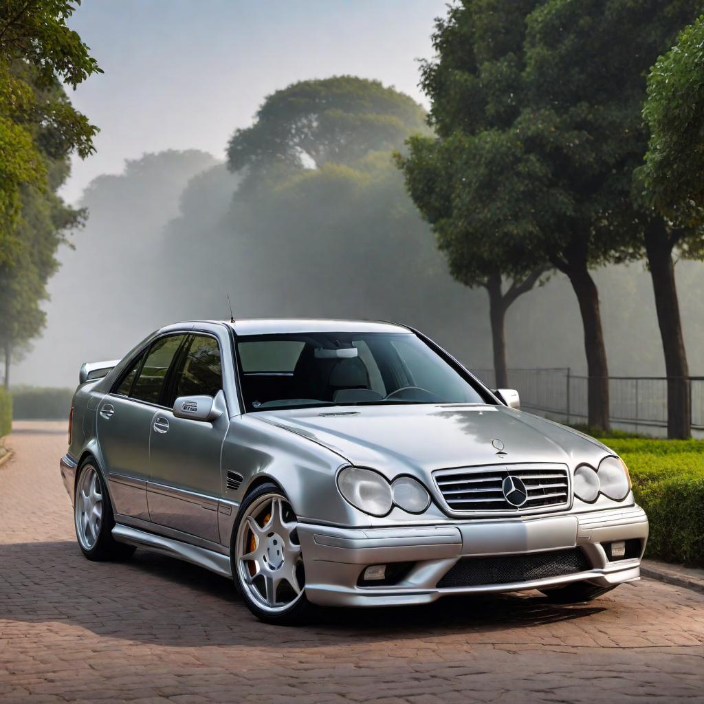  1997 Mercedes AMG C36 in silver color, parked on a road. The car should feature its distinctive AMG sporty design elements, including a slightly aggressive front grille, alloy wheels, and classic 90's sedan body lines. The background should be simple to keep the focus on the car. hyperrealistic, full body, detailed clothing, highly detailed, cinematic lighting, stunningly beautiful, intricate, sharp focus, f/1. 8, 85mm, (centered image composition), (professionally color graded), ((bright soft diffused light)), volumetric fog, trending on instagram, trending on tumblr, HDR 4K, 8K