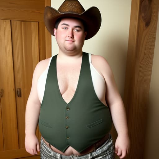  Tall fat guy with skinny legs no neck long scagaly hair big nose green eyes with freckles wearing underpants vest with no shirt and cowboy boots