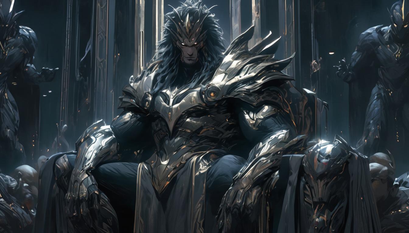  hyperrealism,fantasy aestheticPerseus standing before King Polydectes, determination in his eyes, king on a throne demanding, commanding, tense, high tech clothing clad in sleek, futuristic costume with metallic accents and form fitting designs, marvel superhero comics style, unreal engine rendering