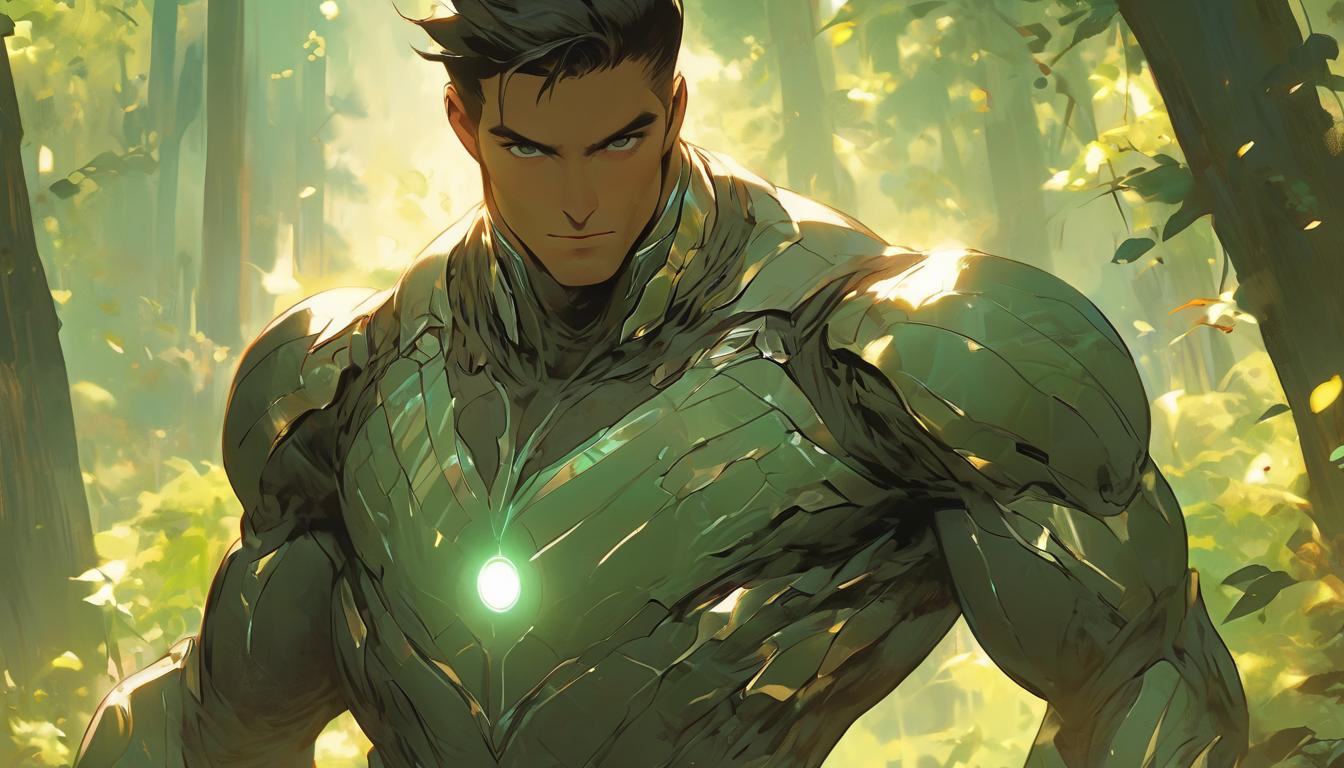  hyperrealism,fantasy aesthetic1man, handsome brunette arian male humanoid, spiritual halo, gentle smile, tranquil forest background, high tech clothing clad in sleek, futuristic costume with metallic accents and form fitting designs, marvel superhero comics style, unreal engine rendering