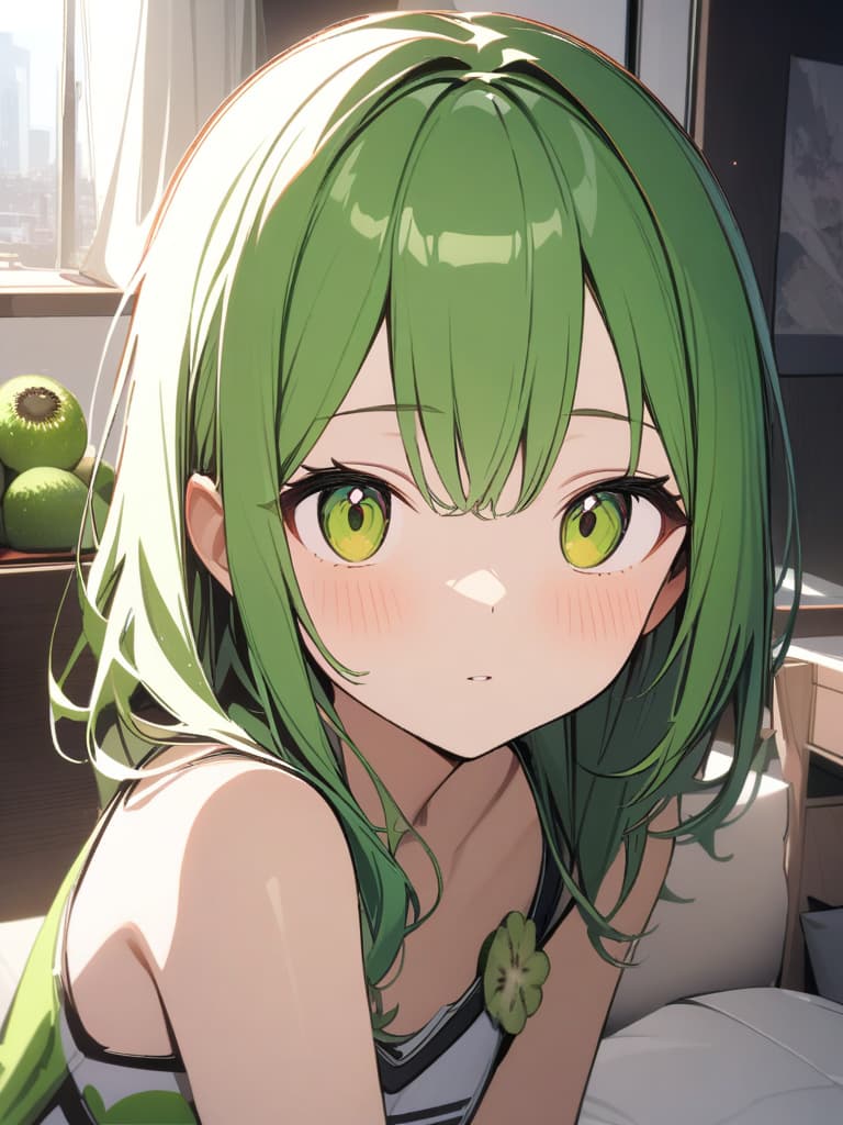  Cute, , yellow green eyes, yellow green hair color, kiwi decoration, kiwi fruit, vicinity, young face, green , room, masterpiece, best quality,8k,ultra detailed,high resolution,an extremely delicate and beautiful,hyper detail