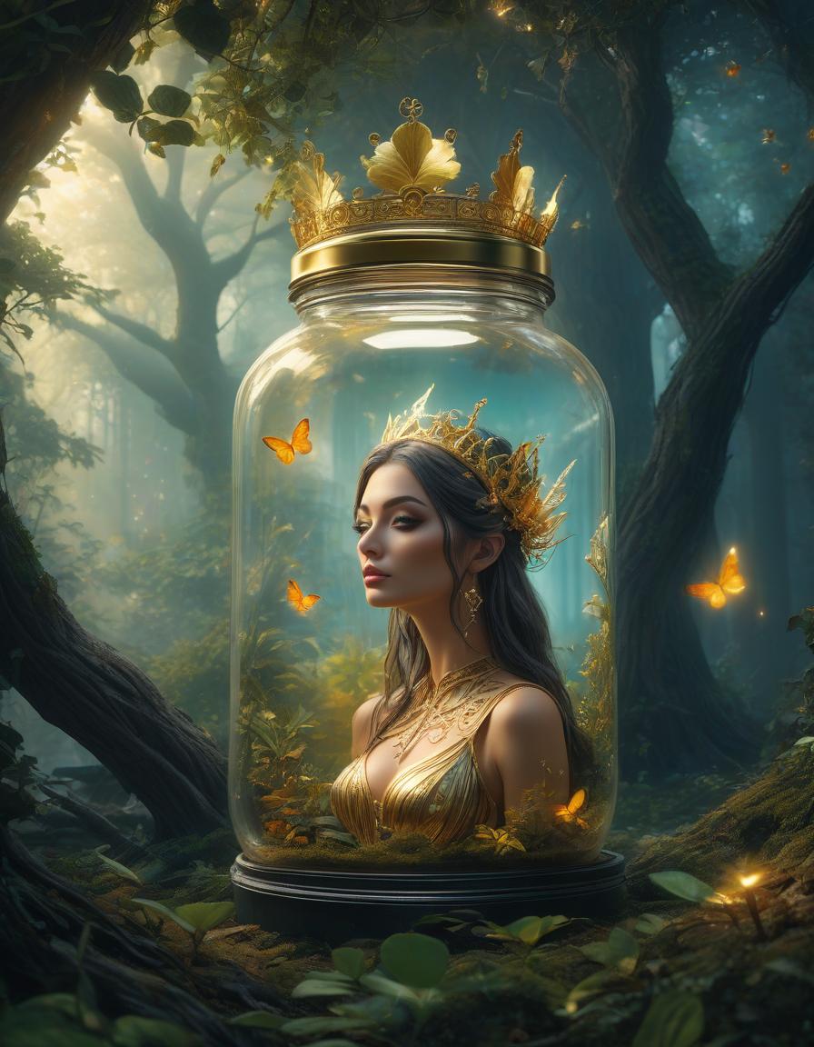  (digital art, masterpiece, difficulty: 1.3), under a tree, locked in a jar, a beautiful fairy queen wearing a small golden crown on her head, inspired by the style of Cyril Rolando (influenced by Beeple and Jeremiah Ketner: 1,2), (inspired by Josan Gonzalez and Dan Mumford): 1.1, surreal and whimsical concept, detailed and thoughtful design of the can, bright and dreamlike colors, fantastic setting, high definition rendering, captivating combination of styles, intricate patterns and textures, unearthly glow, magical atmosphere, fairy tale, fantasy hyperrealistic, full body, detailed clothing, highly detailed, cinematic lighting, stunningly beautiful, intricate, sharp focus, f/1. 8, 85mm, (centered image composition), (professionally color graded), ((bright soft diffused light)), volumetric fog, trending on instagram, trending on tumblr, HDR 4K, 8K