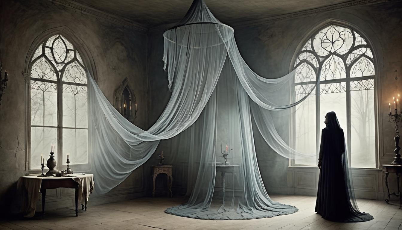  on parchment, surrealism+++, Dimly lit room, thin veil like fabric hanging, creating a boundary, sense of mystery and magic(mysterious, provocative, symbolic,muted color)+++