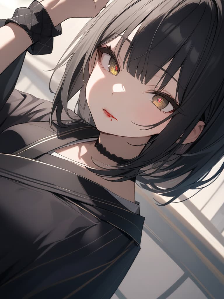  ultra detailed:1.2,masterpiece:1.2,best quality,masterpiece,bestquality,hdr:1.1,8k:1.1,very cute girl:1.3,black hair:1.3,long hair:1.3,hime cut hair:1.3,black eyes ,fang:1.4,(byte wrist:1.6),(blood drips from the lips:1.5),(black kimono:1.5),face focus:1.4,(Dutch angle:1.4),(almond eyes:1.6), masterpiece, best quality,8k,ultra detailed,high resolution,an extremely delicate and beautiful,hyper detail