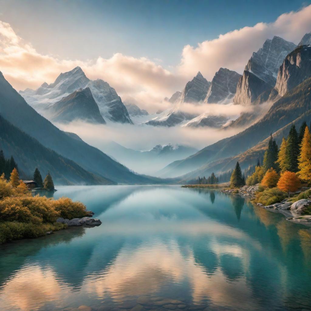  A tranquil landscape featuring majestic mountains in the background and a serene lake in the foreground. The mountains should be snow-capped and the lake crystal clear. The scene should evoke a sense of peace and tranquility. hyperrealistic, full body, detailed clothing, highly detailed, cinematic lighting, stunningly beautiful, intricate, sharp focus, f/1. 8, 85mm, (centered image composition), (professionally color graded), ((bright soft diffused light)), volumetric fog, trending on instagram, trending on tumblr, HDR 4K, 8K