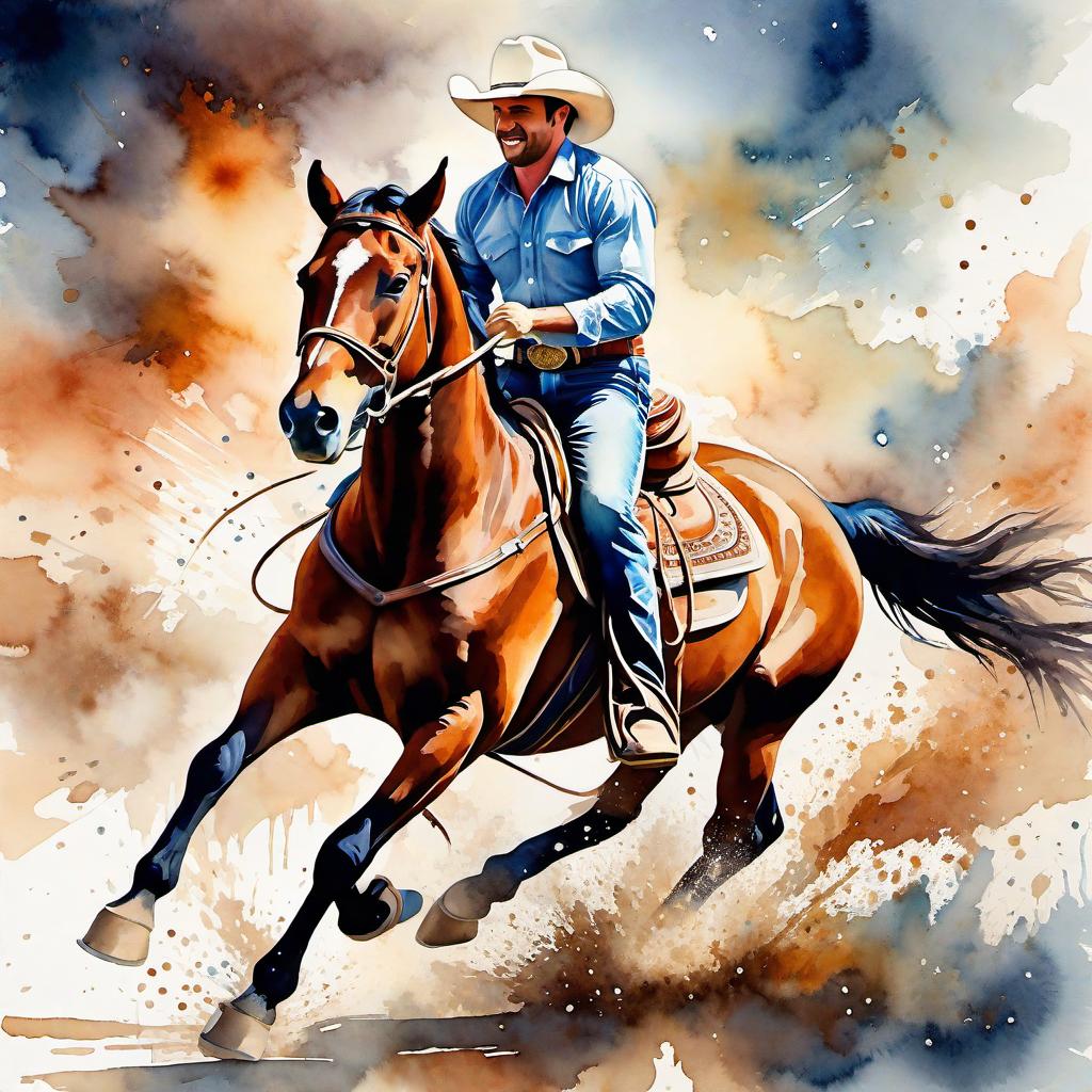  Create a watercolor painting of a man ridding a bucking horse at a rodeo. The background features soft, watercolor style splashes in earthy tones, giving the image an artistic and dreamy feel. Ensure the overall image has a delicate watercolor effect.