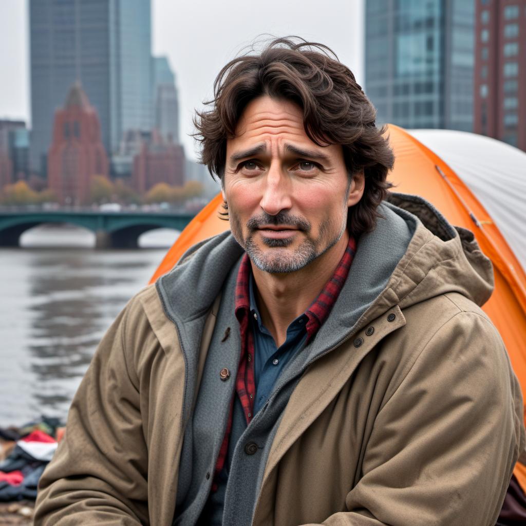  A humorous and exaggerated meme of Prime Minister Justin Trudeau looking extremely disheveled and homeless, with tattered and dirty clothes. He should be sitting in front of a cityscape of Halifax, Nova Scotia, Canada with a tent placed nearby. The caption should read 'I did this to my fellow Canadians' to emphasize the message. Ensure the image is lighthearted and comical. hyperrealistic, full body, detailed clothing, highly detailed, cinematic lighting, stunningly beautiful, intricate, sharp focus, f/1. 8, 85mm, (centered image composition), (professionally color graded), ((bright soft diffused light)), volumetric fog, trending on instagram, trending on tumblr, HDR 4K, 8K