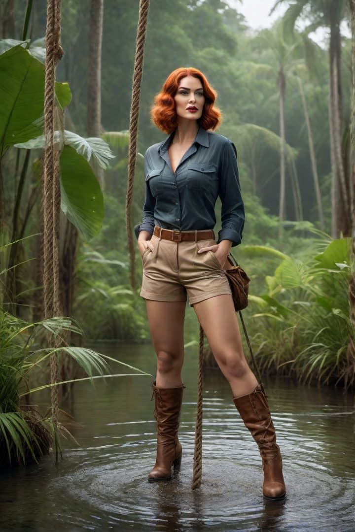  a 1920’s era young female,auburn haired,jungle explorer , wearing her khaki shorts and shirt with khaki knee socks , grabs onto a rope while waist deep in a swamp hyperrealistic, full body, detailed clothing, highly detailed, cinematic lighting, stunningly beautiful, intricate, sharp focus, f/1. 8, 85mm, (centered image composition), (professionally color graded), ((bright soft diffused light)), volumetric fog, trending on instagram, trending on tumblr, HDR 4K, 8K