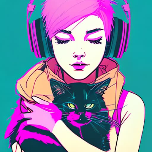 nvinkpunk A girl with medium pink hair listening music and holding a cat