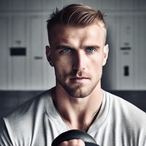 portrait+ style Russian queer fitness model blonde hunk dilf dude face