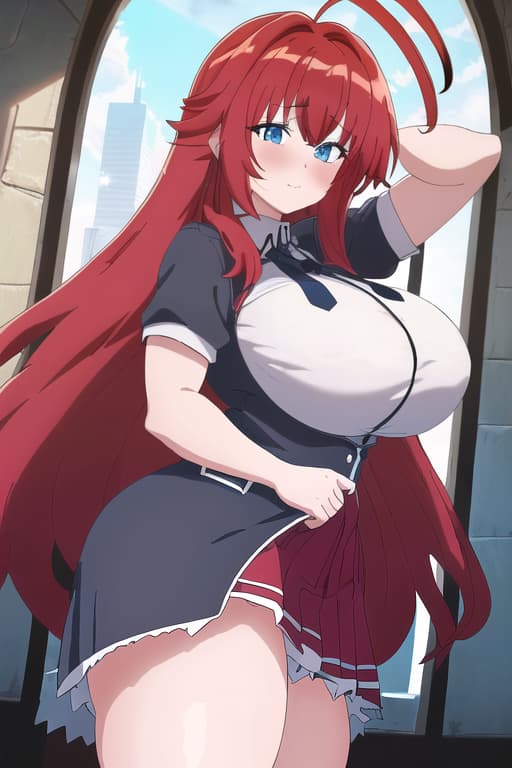  a fat in a very short arched over with a very small and tight with her looking through,masterpiece, best quality, 1women, long red hair, looking at viewer, :3, cute, black uniform, outdoors, streets, cowboy shot, curvy, (((blue eyes))), rias gremory, red hair, antenna hair, wavy hair, ((beautiful detailed eyes, beautiful detailed glow, lots of glow)), anime screencap