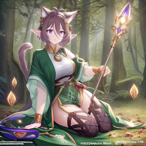  Cat girl, purple eyes, brown hair and elf costume, puff tail in a forest hyperrealistic, full body, detailed clothing, highly detailed, cinematic lighting, stunningly beautiful, intricate, sharp focus, f/1. 8, 85mm, (centered image composition), (professionally color graded), ((bright soft diffused light)), volumetric fog, trending on instagram, trending on tumblr, HDR 4K, 8K