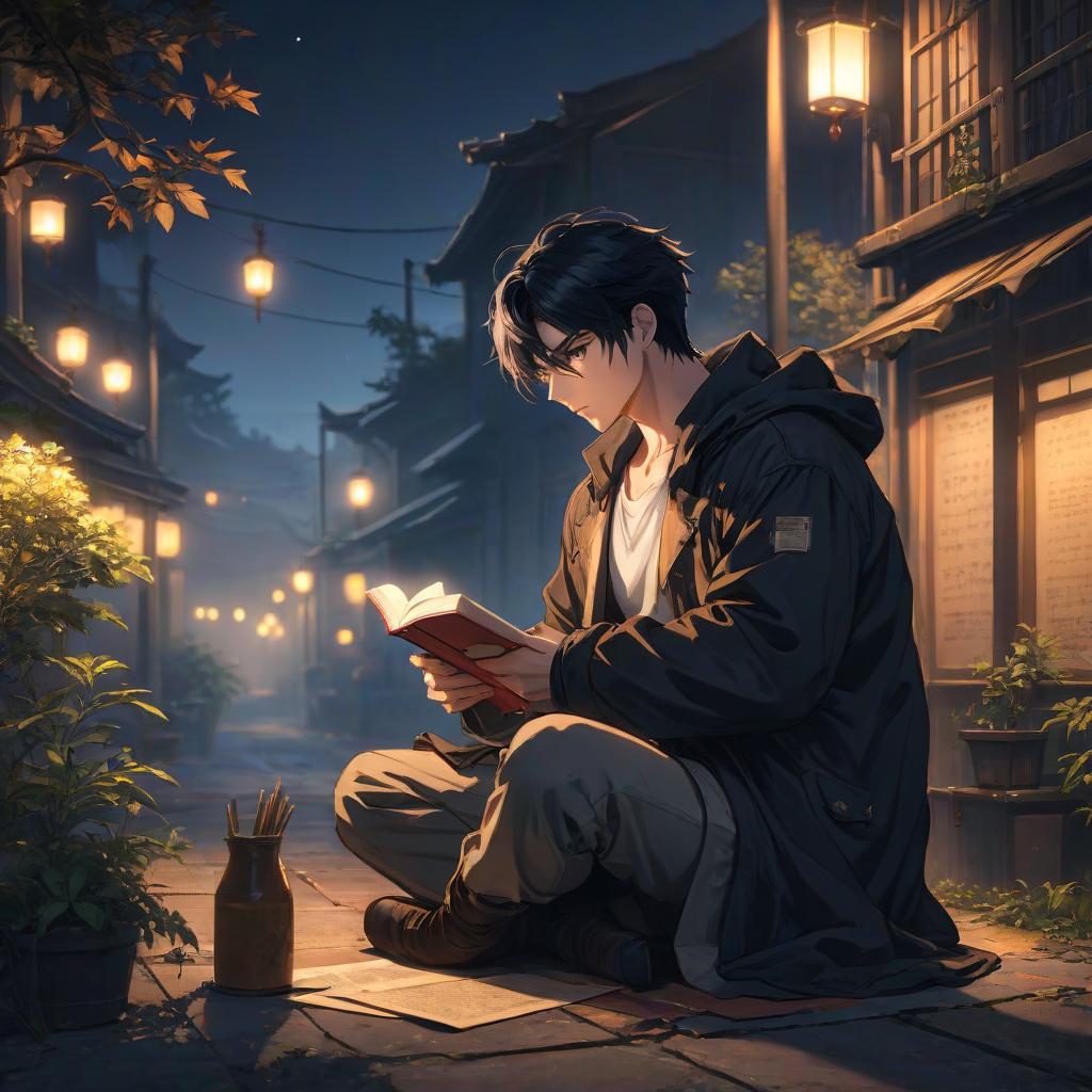  anime artwork A man with black hair and prominent cheekbones sits alone at night, reading notes. . anime style, key visual, vibrant, studio anime, highly detailed hyperrealistic, full body, detailed clothing, highly detailed, cinematic lighting, stunningly beautiful, intricate, sharp focus, f/1. 8, 85mm, (centered image composition), (professionally color graded), ((bright soft diffused light)), volumetric fog, trending on instagram, trending on tumblr, HDR 4K, 8K