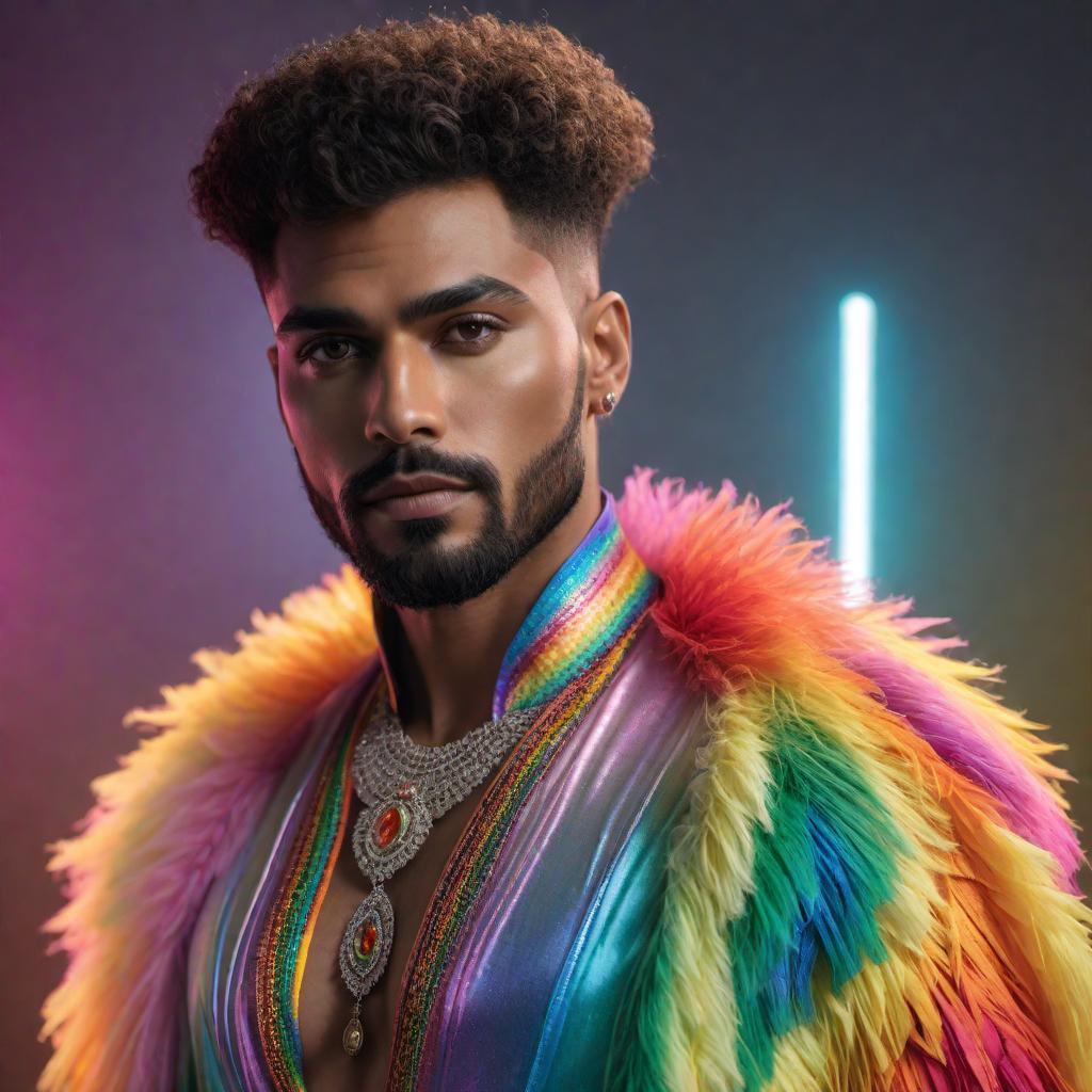  A person resembling the individual in this image wearing pride clothes. The pride clothes should be colorful, incorporating rainbow patterns, and showcasing symbols of LGBTQ+ pride. hyperrealistic, full body, detailed clothing, highly detailed, cinematic lighting, stunningly beautiful, intricate, sharp focus, f/1. 8, 85mm, (centered image composition), (professionally color graded), ((bright soft diffused light)), volumetric fog, trending on instagram, trending on tumblr, HDR 4K, 8K