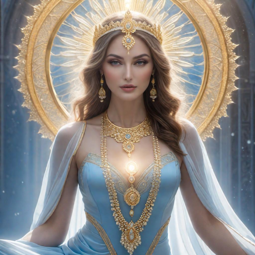  An artistic depiction of a divine or spiritual presence. The image should symbolize peace, light, and benevolence. Imagine a glowing, ethereal light surrounded by soft, serene colors like blue, white, and gold, emanating a sense of calm, radiance, and spiritual tranquility. hyperrealistic, full body, detailed clothing, highly detailed, cinematic lighting, stunningly beautiful, intricate, sharp focus, f/1. 8, 85mm, (centered image composition), (professionally color graded), ((bright soft diffused light)), volumetric fog, trending on instagram, trending on tumblr, HDR 4K, 8K