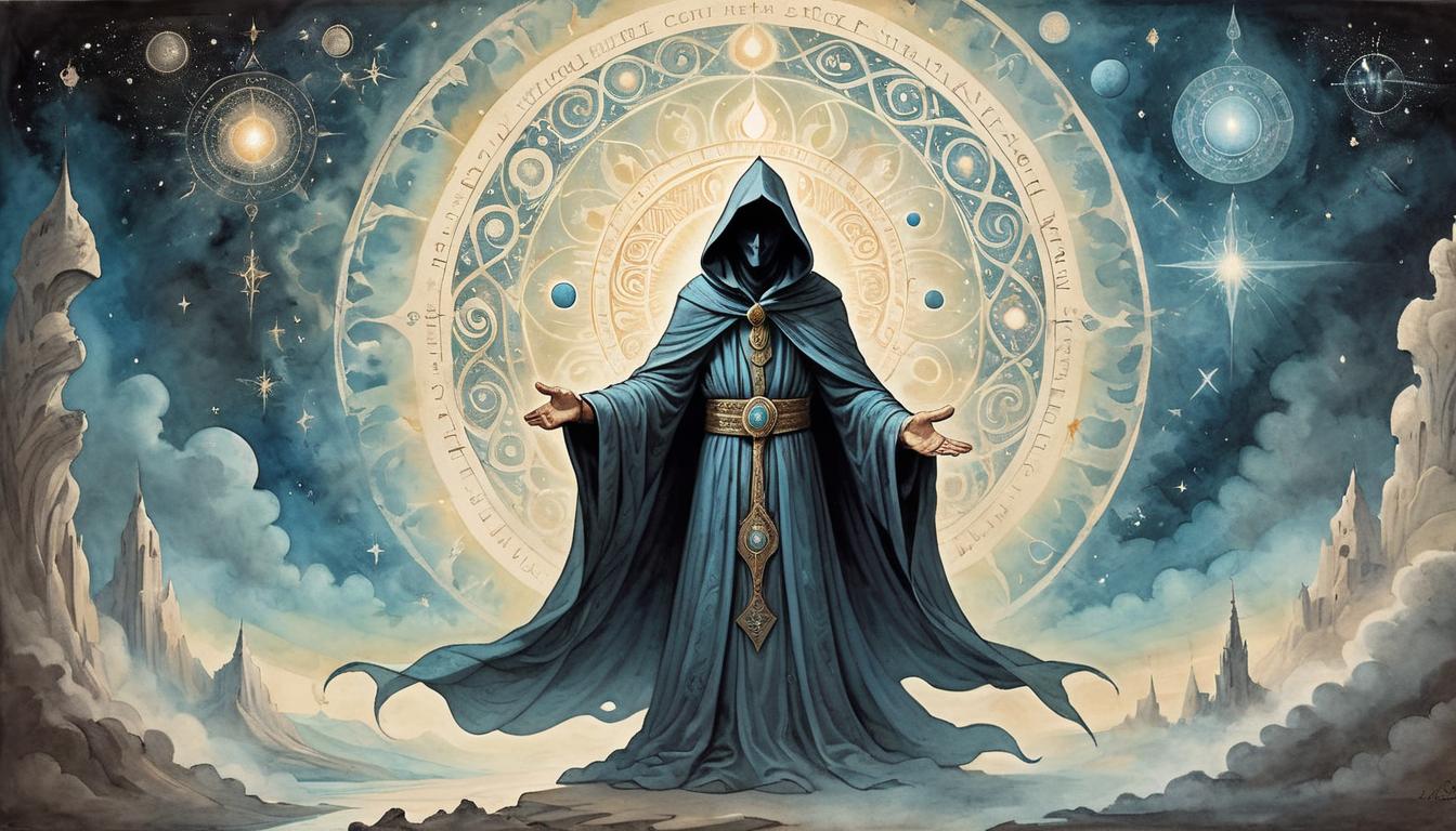  on parchment, surrealism+++, A central figure cloaked in ethereal robes, surrounded by an aura of mystical light, intricate cosmic patterns in the background, figure radiating authentic energy, sense of impossible replication(mysterious, provocative, symbolic,muted color)+++