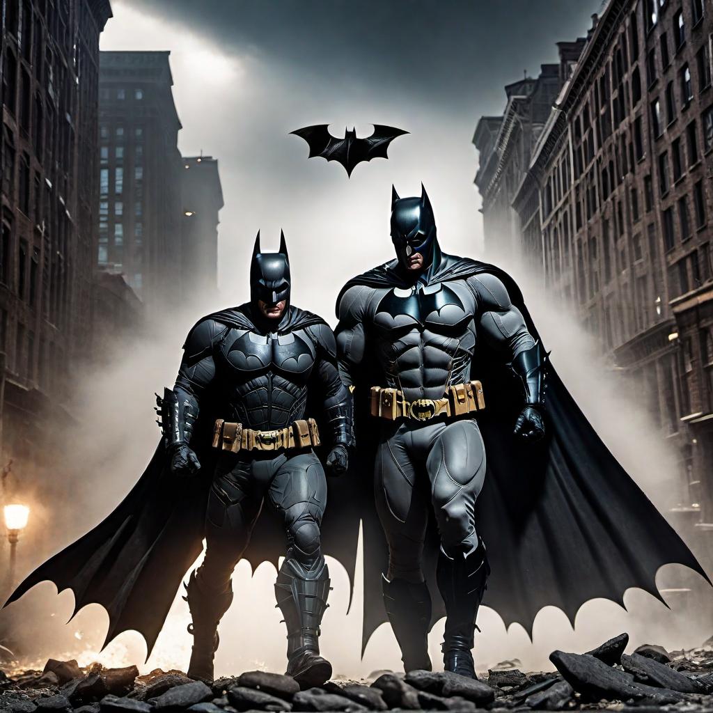  Batman dominating Bane in a fierce battle. Batman should be shown in his classic dark armor with a determined expression, overpowering Bane who looks defeated. The background should be dark and gritty, resembling the streets of Gotham at night with subtle details suggesting a recent fight, like debris and shadows. hyperrealistic, full body, detailed clothing, highly detailed, cinematic lighting, stunningly beautiful, intricate, sharp focus, f/1. 8, 85mm, (centered image composition), (professionally color graded), ((bright soft diffused light)), volumetric fog, trending on instagram, trending on tumblr, HDR 4K, 8K