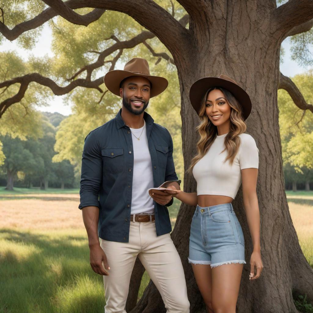  A drawing of two people, one named Trina and the other the person requesting the drawing, standing in front of a tree. Both individuals are wearing hats and have short smiles on their faces. The scene is outdoors with a simple tree in the background. hyperrealistic, full body, detailed clothing, highly detailed, cinematic lighting, stunningly beautiful, intricate, sharp focus, f/1. 8, 85mm, (centered image composition), (professionally color graded), ((bright soft diffused light)), volumetric fog, trending on instagram, trending on tumblr, HDR 4K, 8K