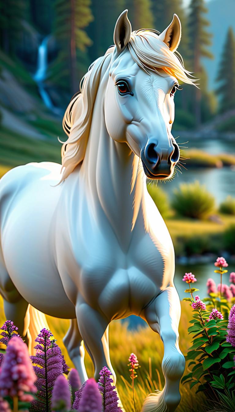  Professional 3D model of A stately, wonderful, white horse stands looking out over a beautiful lake. The horse stands on a mountain and is surrounded by small flowers and bushes. . Rendered with Octane, the model is highly detailed,dramatic lighting. hyperrealistic, full body, detailed clothing, highly detailed, cinematic lighting, stunningly beautiful, intricate, sharp focus, f/1. 8, 85mm, (centered image composition), (professionally color graded), ((bright soft diffused light)), volumetric fog, trending on instagram, trending on tumblr, HDR 4K, 8K