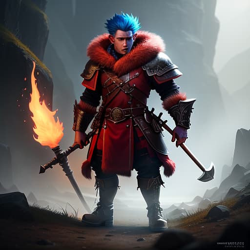  A troll, with red skin, in a bone helmet, in a fur coat, with two axes in his hands, with blue hair. hyperrealistic, full body, detailed clothing, highly detailed, cinematic lighting, stunningly beautiful, intricate, sharp focus, f/1. 8, 85mm, (centered image composition), (professionally color graded), ((bright soft diffused light)), volumetric fog, trending on instagram, trending on tumblr, HDR 4K, 8K