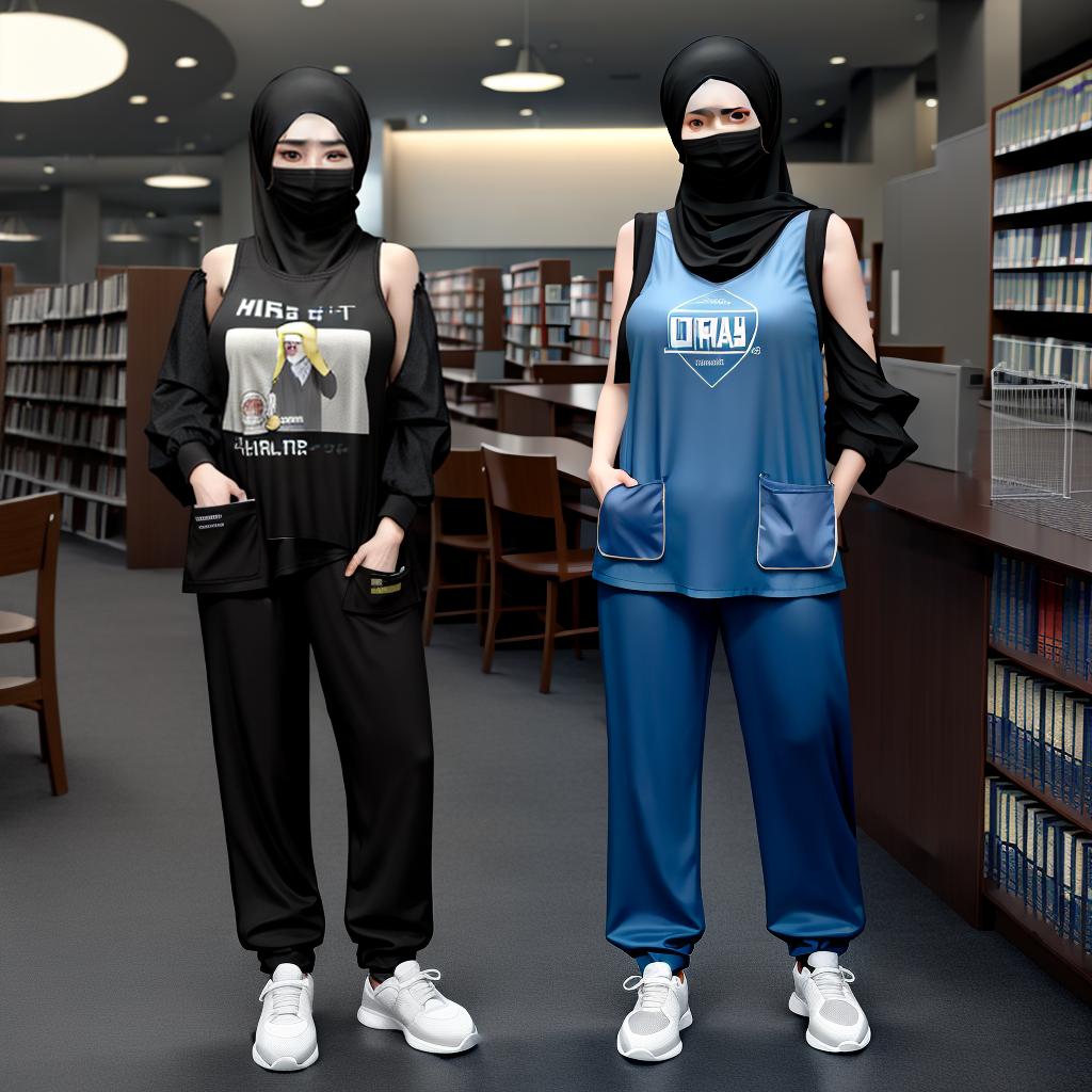  masterpiece, best quality, tank top,light smile,one scientist girl,best quality,full body,hand in pocket,library,medium hair,black hair,sneakers, height 155 cm, weight 50 kg, medium body, hijab, long loose pants