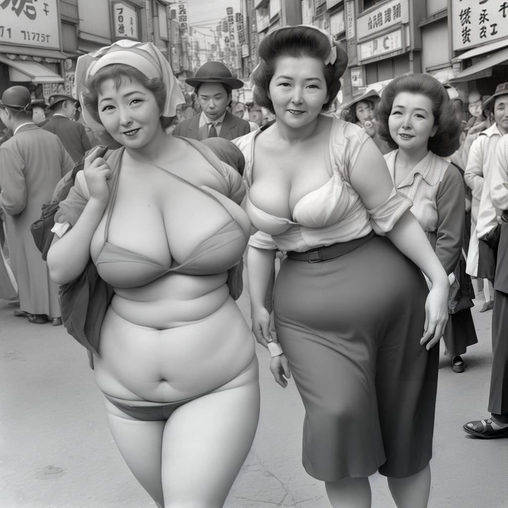  mujer madura de 40 años voluptuosa en calzones en la calle de Japón del año 1950s