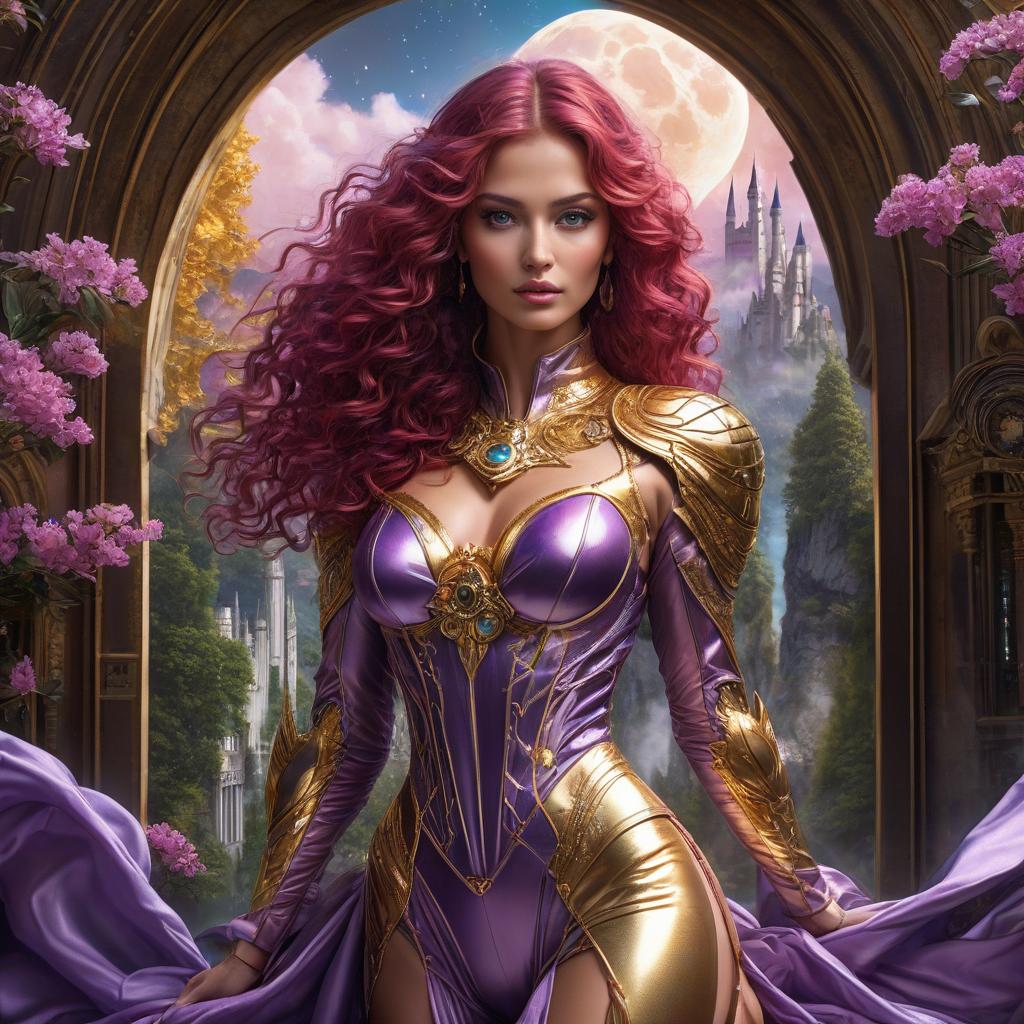  A masterpiece. A girl in a purple spacesuit, a whirlwind around her, her hair is developing. Pink light streams from her hands. Lips red, red curly hair, green eyes. Detailed depiction, detailing, detailing all the little details, correct and accurate color combination. Cyberpunk, rococo, baroque. Alfonso Mucha, Honoré Fargonard. Purple silk linen. Topaz, diamonds, quartzite, amber, topaz, emerald. A defended fortress, a palisade, a gloomy castle, iron, black stone. Standing against a background of mountains. Flying saucer. Space, fantasy. Purple, blue, silver colors. Moon. Fairy tale blue eyed eagle. Neuschwanstein. Fairy tale blue eyed eagle. Neuschwanstein. The girl in the gold dress. A very pretty girl. Garden of Eden. Rain. Flying sau hyperrealistic, full body, detailed clothing, highly detailed, cinematic lighting, stunningly beautiful, intricate, sharp focus, f/1. 8, 85mm, (centered image composition), (professionally color graded), ((bright soft diffused light)), volumetric fog, trending on instagram, trending on tumblr, HDR 4K, 8K