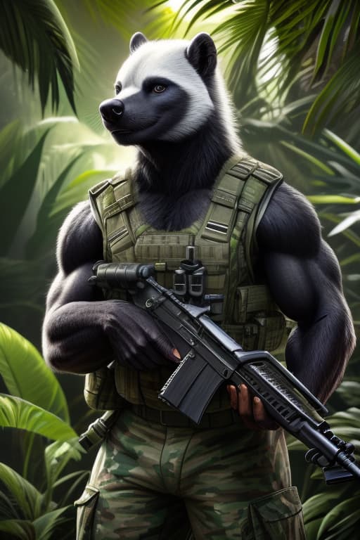  honey badger , male, adult, muscular, veiny muscles, military gear, holding M4, looking at viewer, realistic fur, detailed background, jungle background, hyper realism, RAW photo, (realism, photorealistic:1.3), detailed, hi res hyperrealistic, full body, detailed clothing, highly detailed, cinematic lighting, stunningly beautiful, intricate, sharp focus, f/1. 8, 85mm, (centered image composition), (professionally color graded), ((bright soft diffused light)), volumetric fog, trending on instagram, trending on tumblr, HDR 4K, 8K