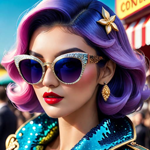  Subject detail: the image depicts a Highly detailed pair of sunglasses with vintage styling, Them sunglasses are made from a combination of glitter, metallic, coloured acetate. Art style: in the mixed art style of Irregular Choice, and Osamu Tezuka. Medium: This artwork is highly detailed and photorealistic. hyperrealistic, full body, detailed clothing, highly detailed, cinematic lighting, stunningly beautiful, intricate, sharp focus, f/1. 8, 85mm, (centered image composition), (professionally color graded), ((bright soft diffused light)), volumetric fog, trending on instagram, trending on tumblr, HDR 4K, 8K