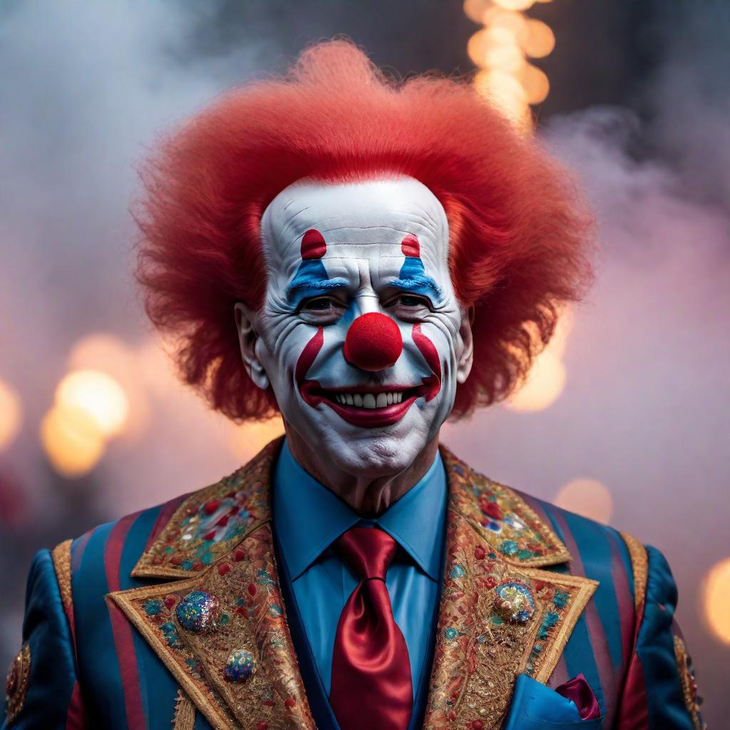  An image of Joe Biden depicted as a clown with a unique and artistic style. hyperrealistic, full body, detailed clothing, highly detailed, cinematic lighting, stunningly beautiful, intricate, sharp focus, f/1. 8, 85mm, (centered image composition), (professionally color graded), ((bright soft diffused light)), volumetric fog, trending on instagram, trending on tumblr, HDR 4K, 8K