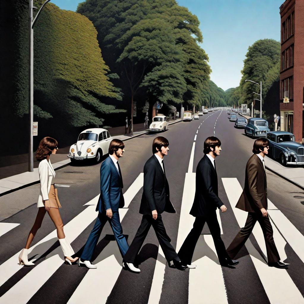  An illustration of the famous Abbey Road crosswalk with the silhouettes of The Beatles walking across it in the iconic pose. Below the crosswalk, the letters L E I L A should be prominently displayed. The silhouettes of The Beatles should be easily recognizable and the background detailed to reflect the Abbey Road setting. hyperrealistic, full body, detailed clothing, highly detailed, cinematic lighting, stunningly beautiful, intricate, sharp focus, f/1. 8, 85mm, (centered image composition), (professionally color graded), ((bright soft diffused light)), volumetric fog, trending on instagram, trending on tumblr, HDR 4K, 8K