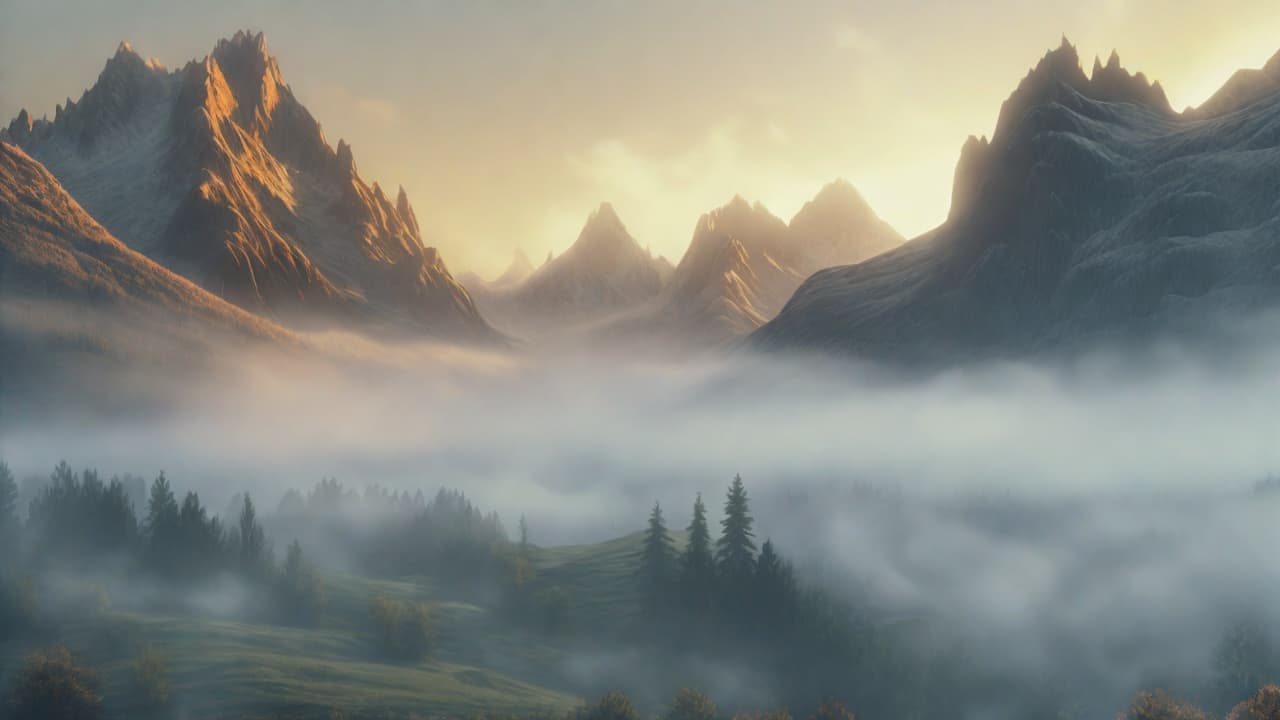  best quality, HD, A serene mountain landscape at dawn, enveloped in soft mist, with the first light of the sun casting a golden glow on the peaks, detailed and photorealistic, 8k resolution, inspired by the works of Ansel Adams and Albert Bierstadt