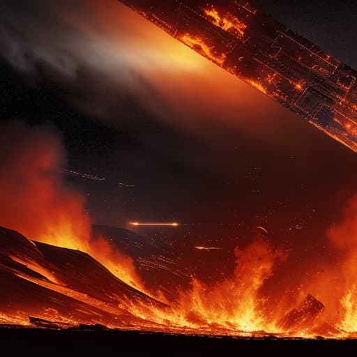  Cinematic, breathtaking photograph of a far away space station, covered in flames, burnt debris seen, outer space background wide body