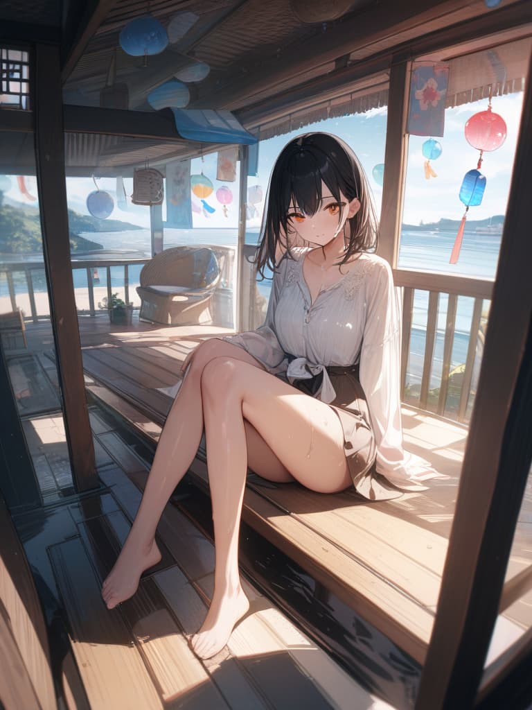  High quality, porch, black haired girl, orange eyes, feet on water, have a fan, sweaty, wind chime, summer house, summer, masterpiece, best quality,8k,ultra detailed,high resolution,an extremely delicate and beautiful,hyper detail