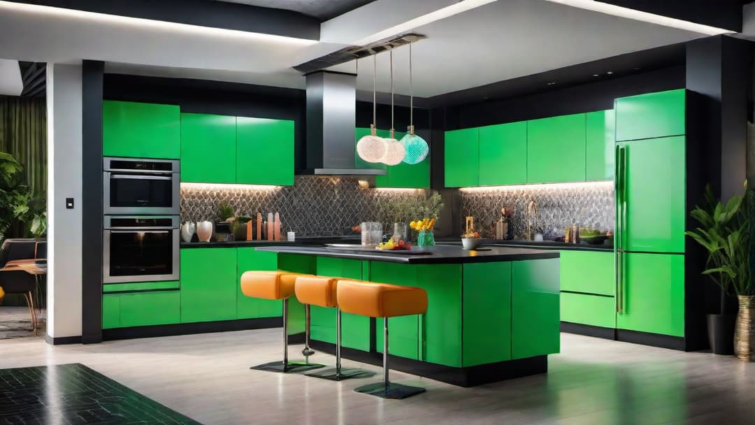  Create an image of an 80s retro kitchen with vibrant neon colors and geometric patterns. The central feature is a set of cabinets in a bold shade of neon green, paired with a glossy black countertop and chrome appliances. Include geometric wallpaper on the walls in vibrant colors and a metallic pendant light fixture above the kitchen island. The overall design should capture the energetic and avant garde spirit of 80s interior decor. hyperrealistic, full body, detailed clothing, highly detailed, cinematic lighting, stunningly beautiful, intricate, sharp focus, f/1. 8, 85mm, (centered image composition), (professionally color graded), ((bright soft diffused light)), volumetric fog, trending on instagram, trending on tumblr, HDR 4K, 8K