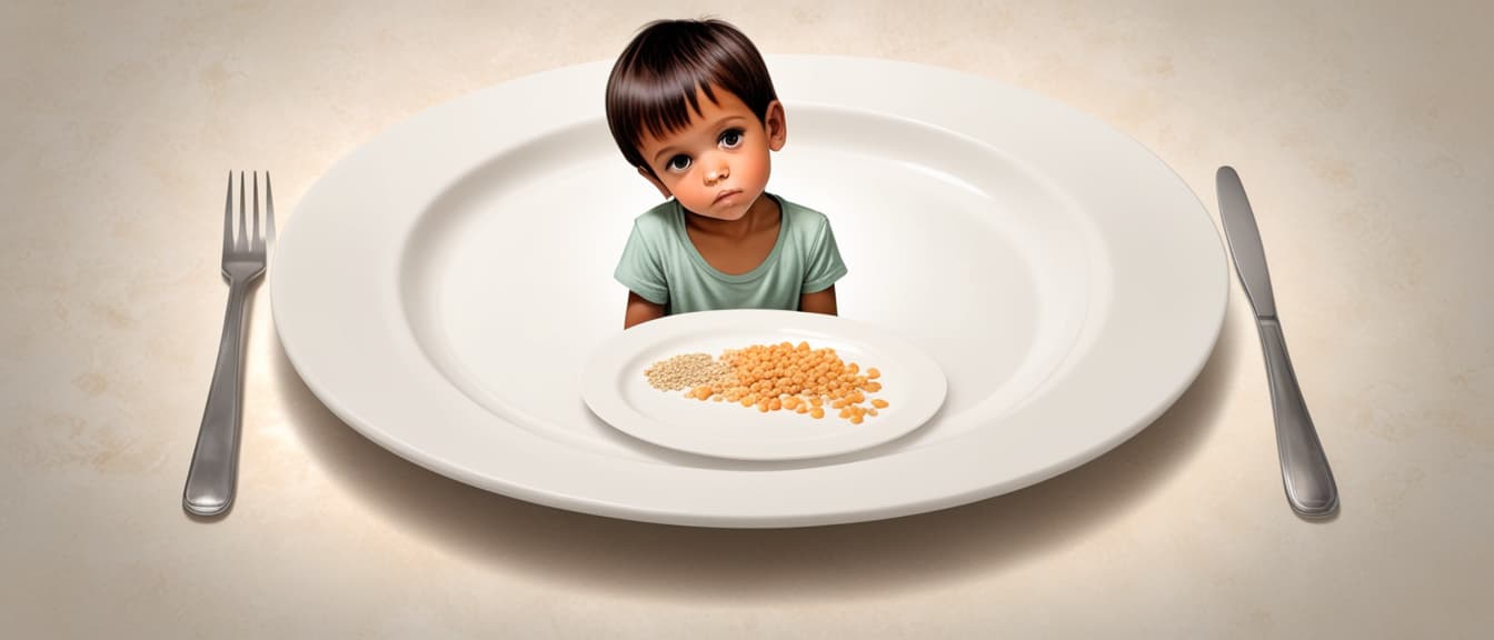  Young boy kid in front of an empty plate , starvation and undernutrition concept image for topic related to child nutritional deficiencies